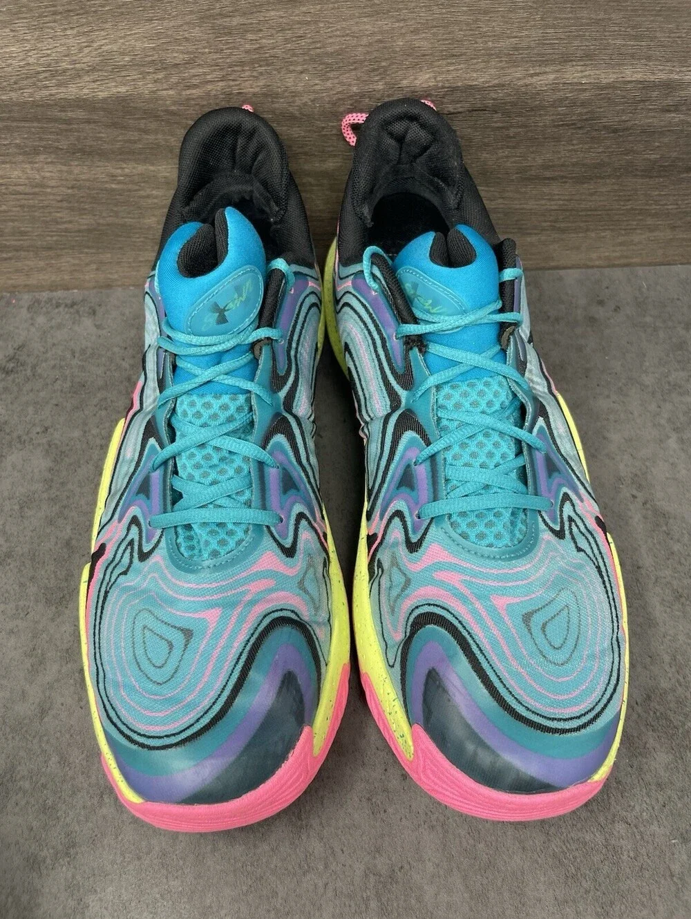 Under Armour Spawn 6 Mens Size 15 Blue Pink Volt Basketball Shoes Flow Cushion
